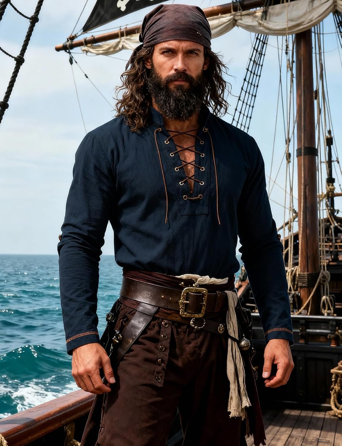image:imageJEMITOP Mens Renaissance Knight Cotton Lace Up Shirt Without BeltNavy Blue