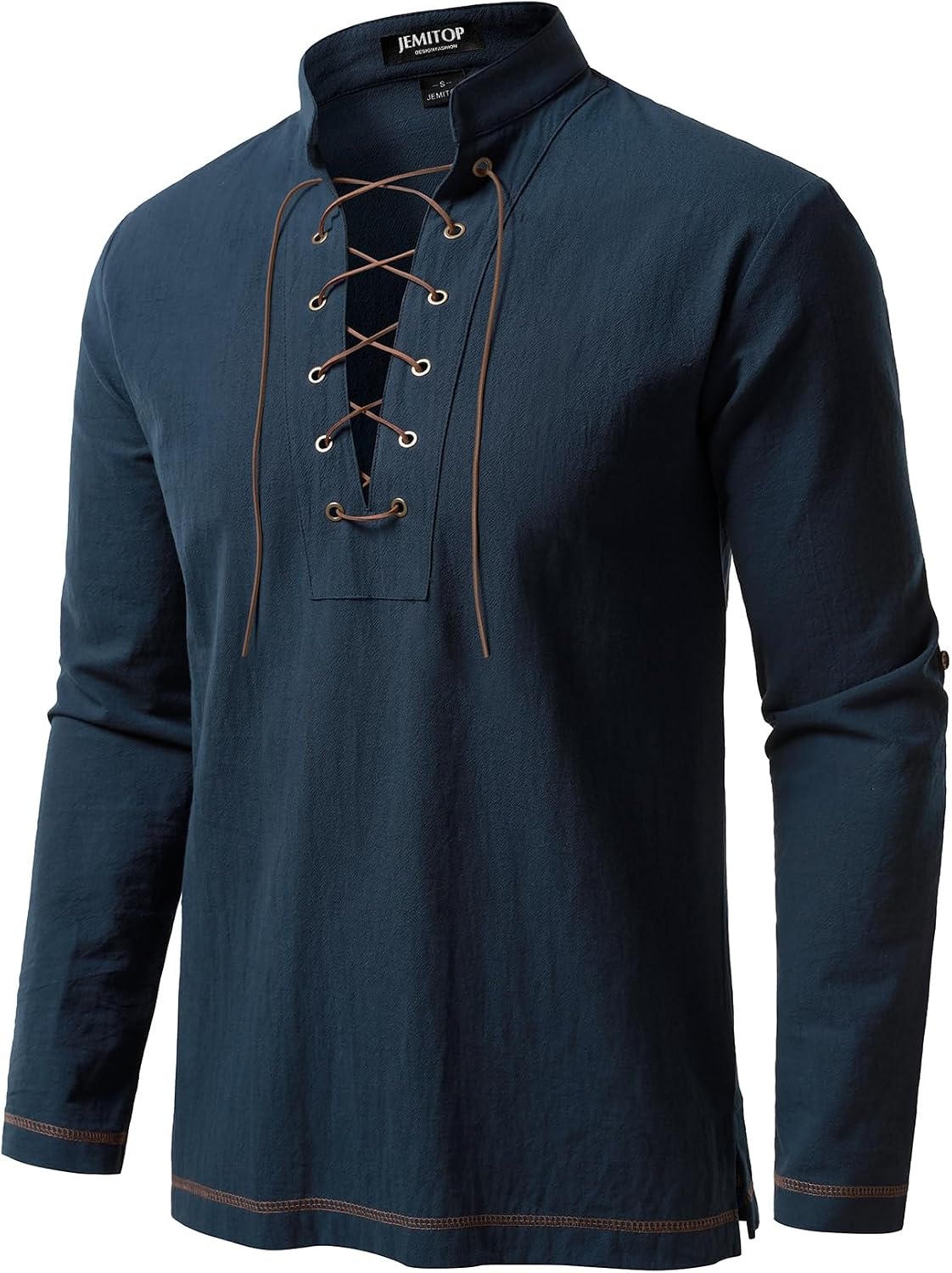 image:imageJEMITOP Mens Renaissance Knight Cotton Lace Up Shirt Without BeltNavy Blue