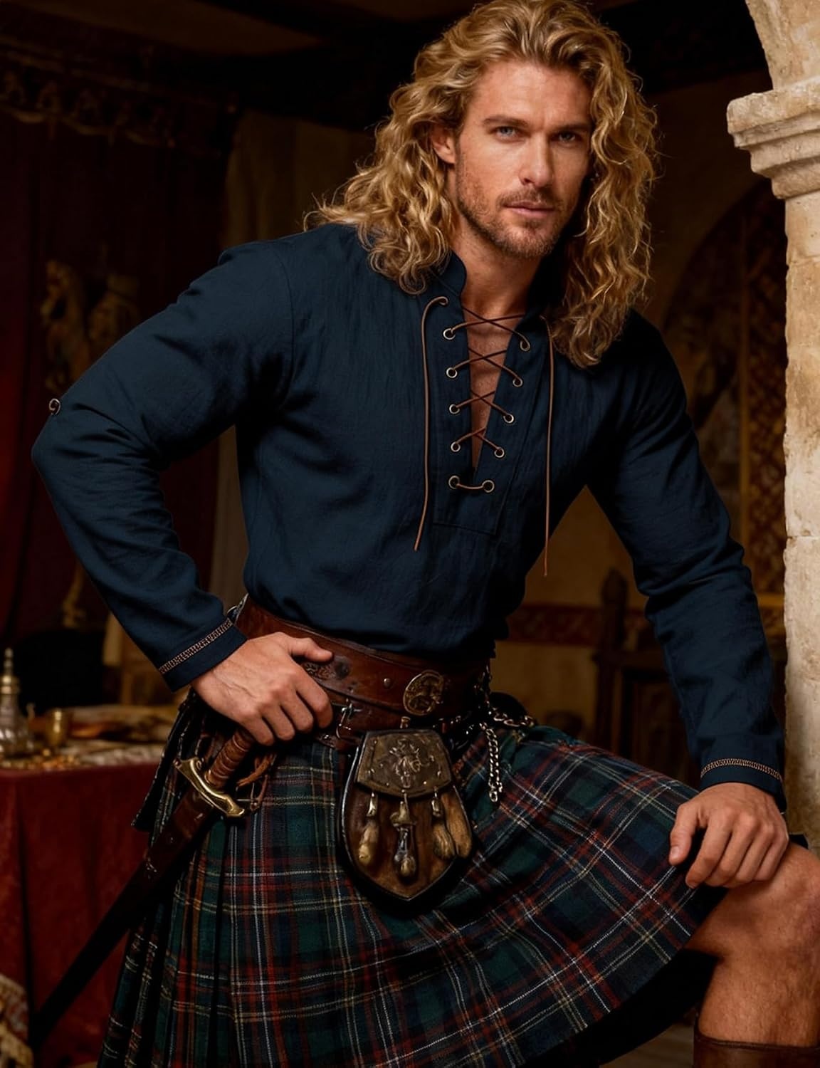 image:imageJEMITOP Mens Renaissance Knight Cotton Lace Up Shirt Without BeltNavy Blue