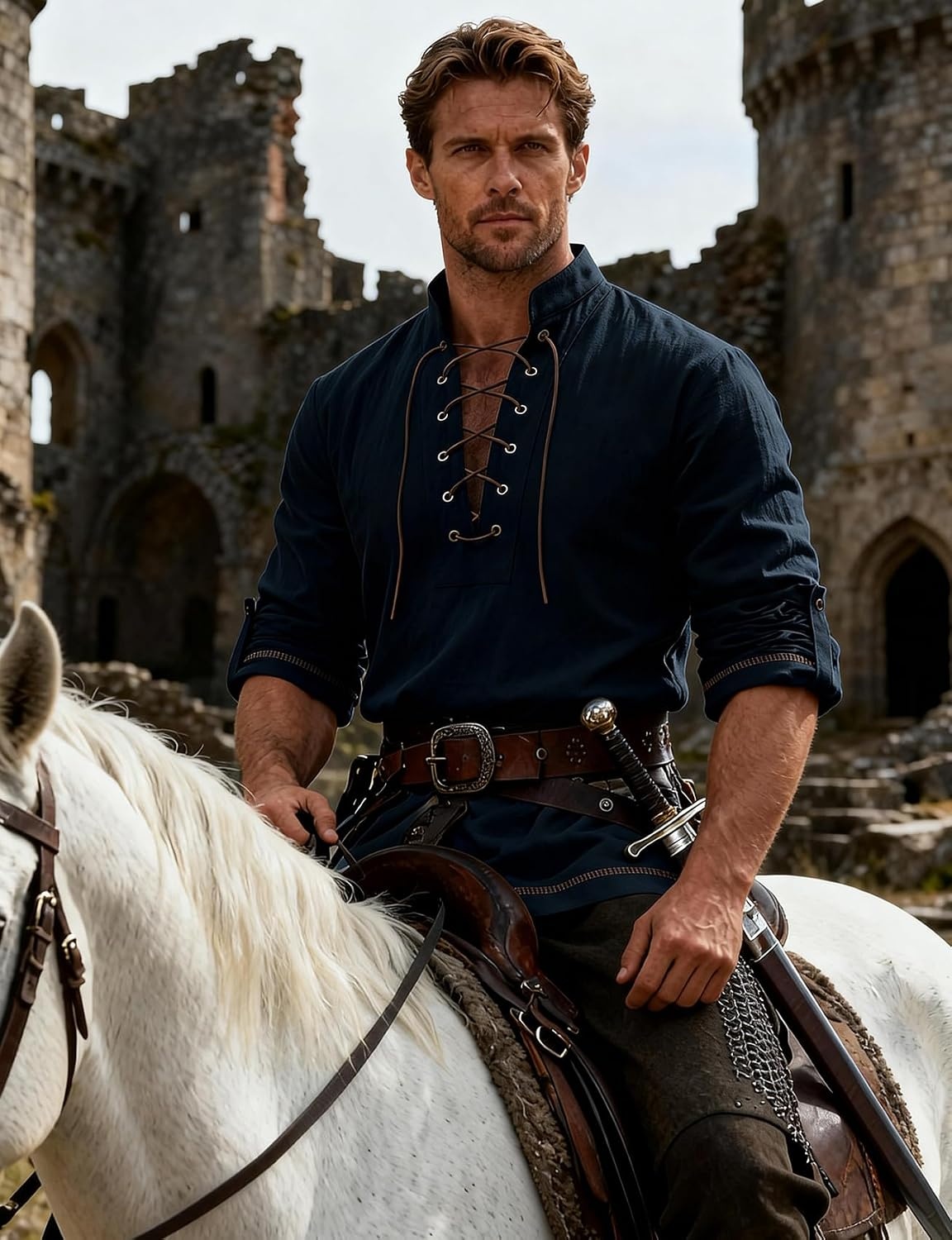 image:imageJEMITOP Mens Renaissance Knight Cotton Lace Up Shirt Without BeltNavy Blue