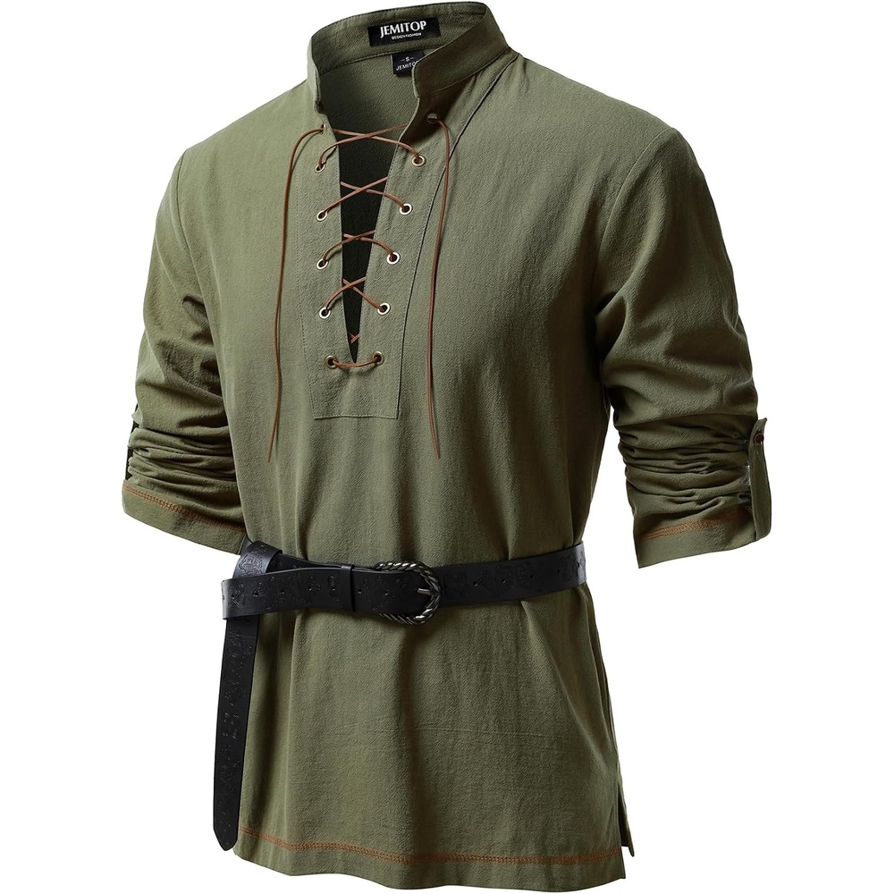 image:imageJEMITOP Mens Renaissance Knight Cotton Lace Up Shirt Without BeltArmy Green