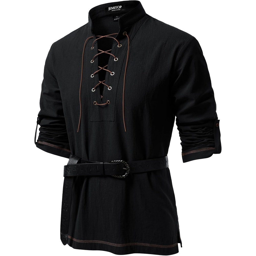 image:imageJEMITOP Mens Renaissance Knight Cotton Lace Up Shirt Without BeltBlack