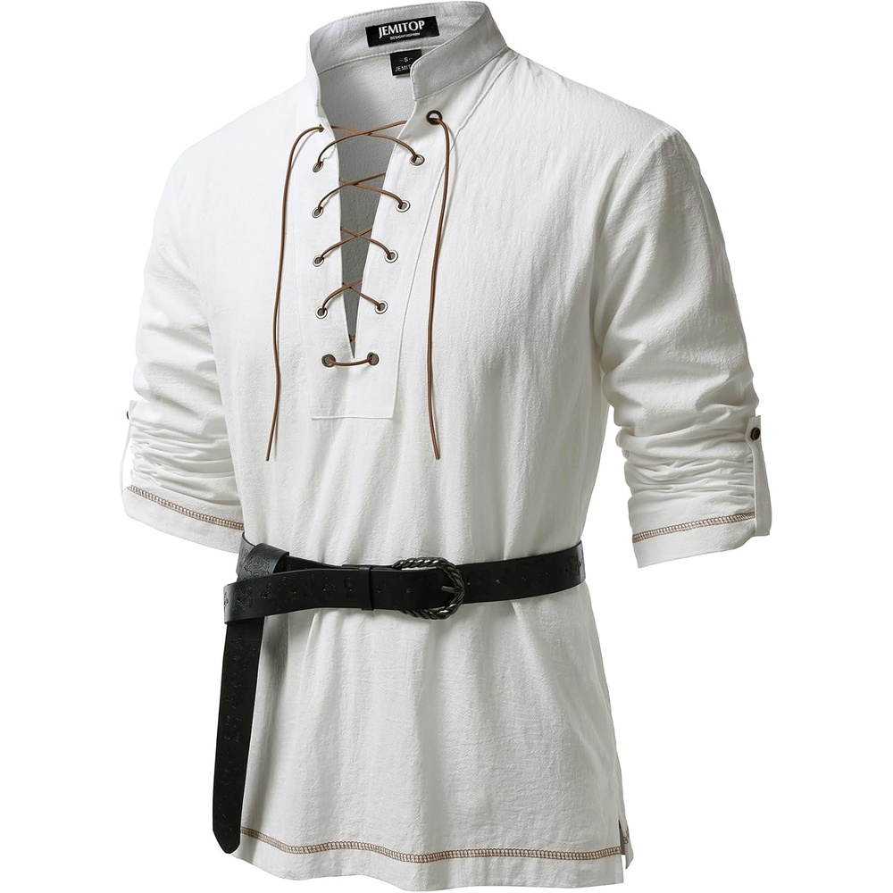 image:imageJEMITOP Mens Renaissance Knight Cotton Lace Up Shirt Without BeltIvory White