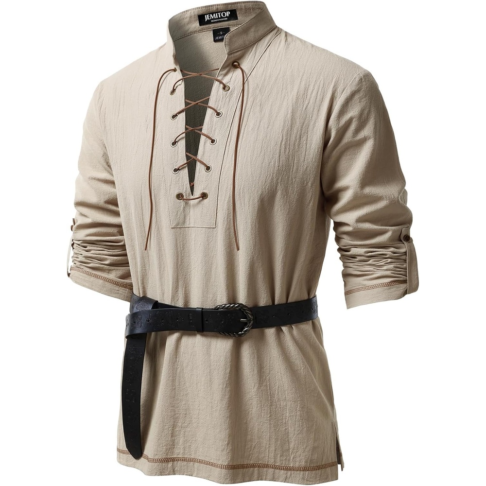 image:imageJEMITOP Mens Renaissance Knight Cotton Lace Up Shirt Without BeltKhaki