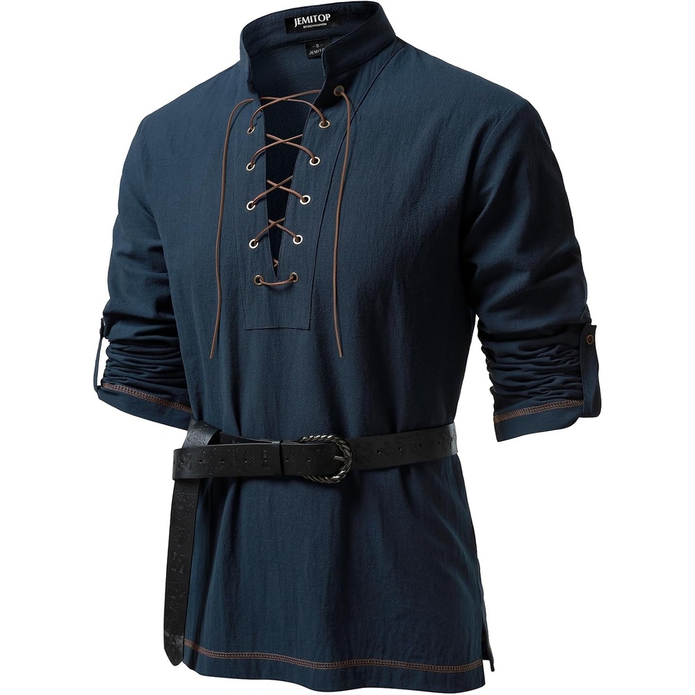 image:imageJEMITOP Mens Renaissance Knight Cotton Lace Up Shirt Without BeltNavy Blue