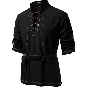 JEMITOP Men’s Renaissance Knight Cotton Lace Up Shirt Without Belt(Black)