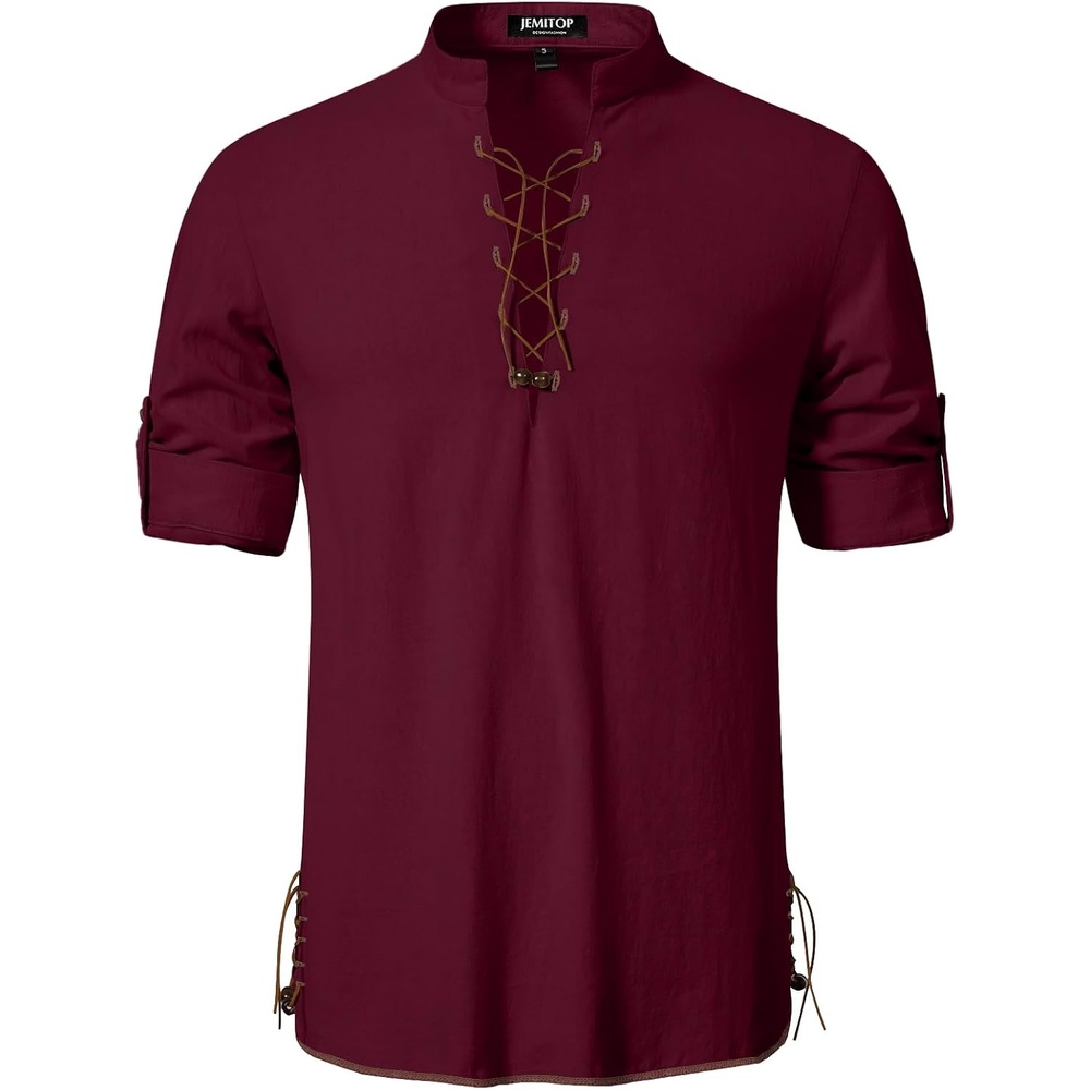 image:imageJEMITOP Mens Renaissance Costume Top Pirate Viking ShirtBurgundy