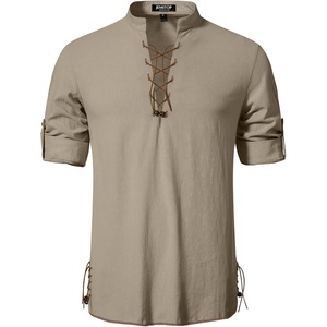 JEMITOP Mens Renaissance Costume Top Pirate Viking Shirt(Khaki)