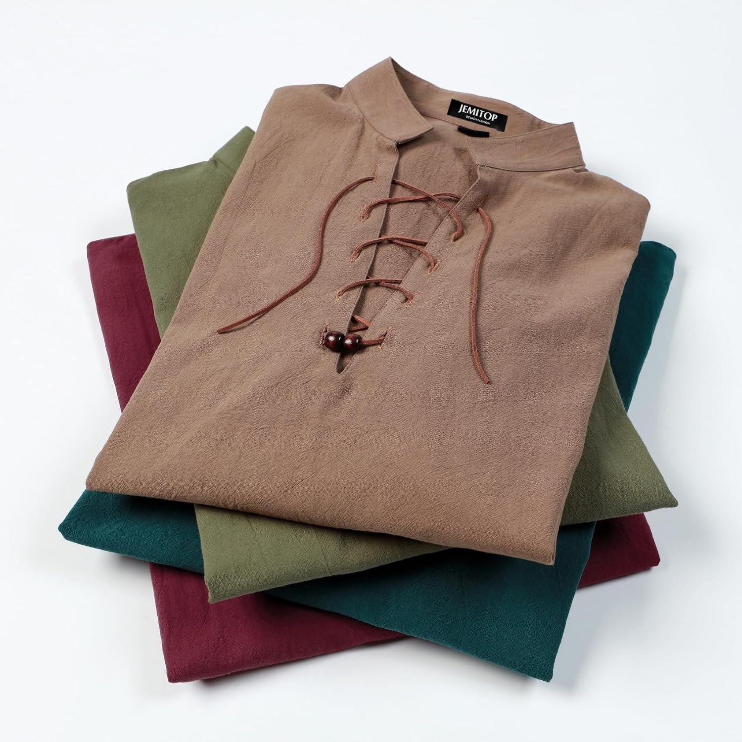 image:imageJEMITOP Mens Pure Cotton Renaissance Lace Up ShirtDark Brown