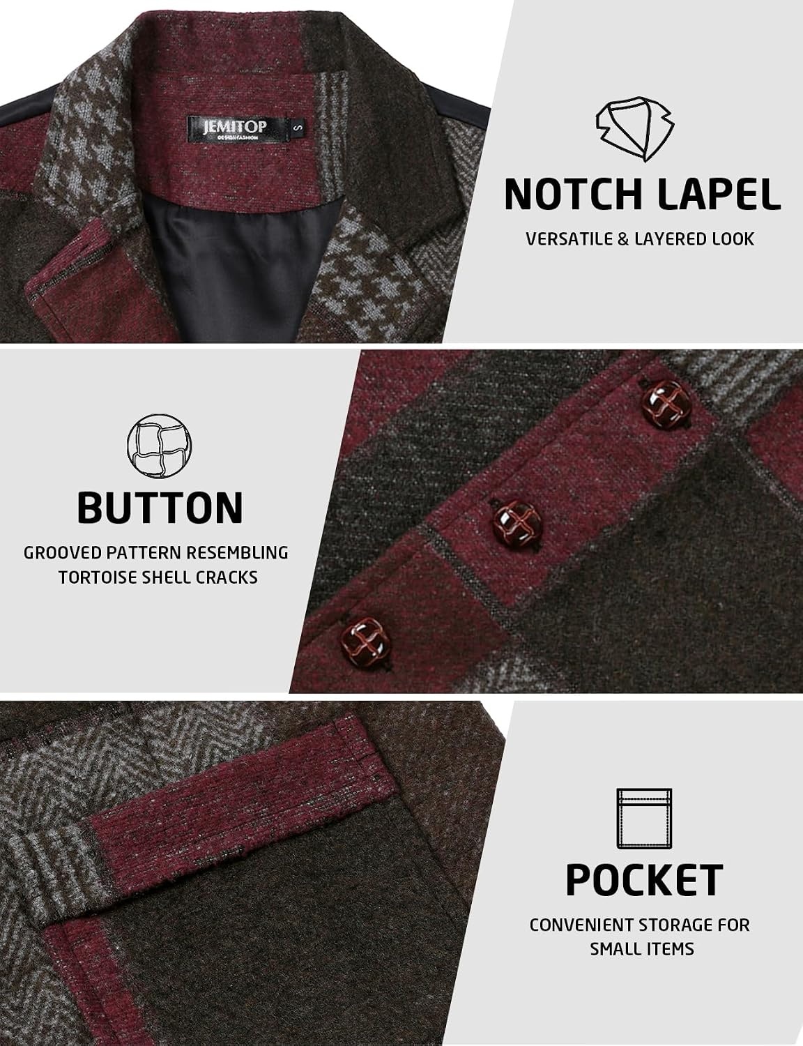 image:imageJEMITOP Mens Vintage Patchwork Casual Suit Vest with PocketsBurgundy