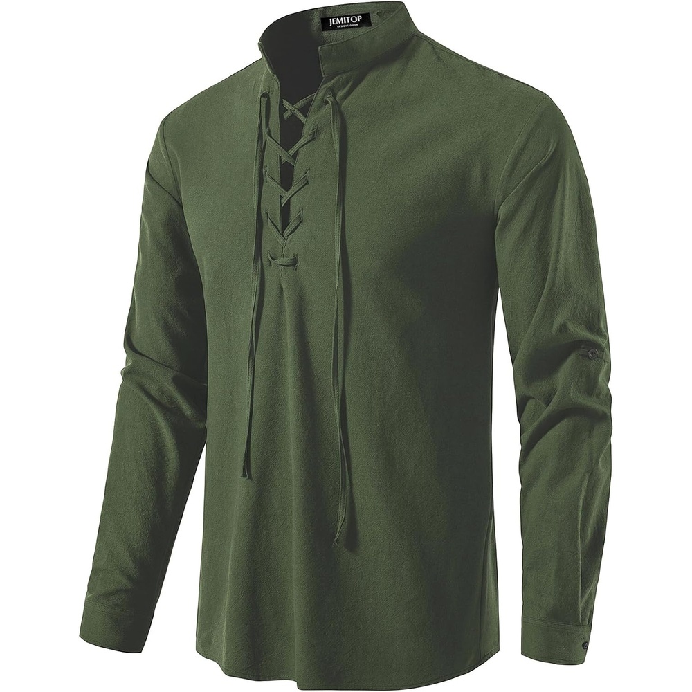 image:imageJEMITOP Mens Pure Cotton Renaissance Lace Up ShirtArmy Green