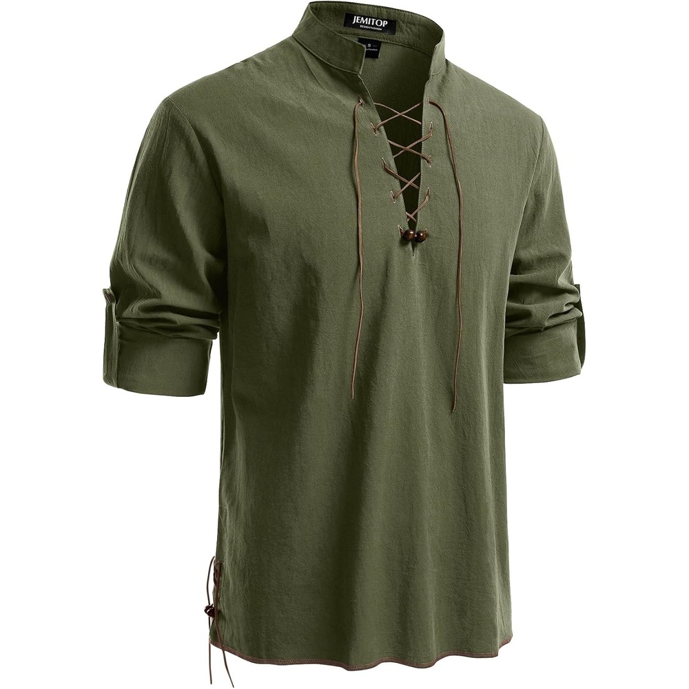 image:imageJEMITOP Mens Pure Cotton Renaissance Lace Up ShirtArmy Green Retro
