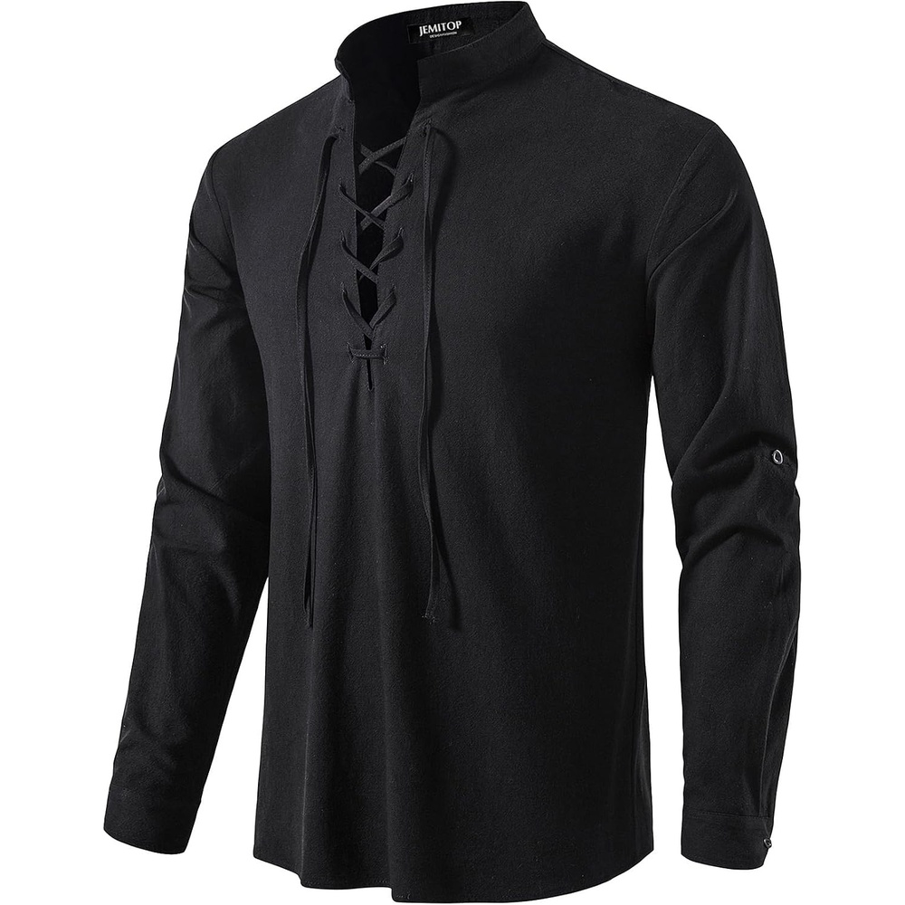 image:imageJEMITOP Mens Pure Cotton Renaissance Lace Up ShirtBlack