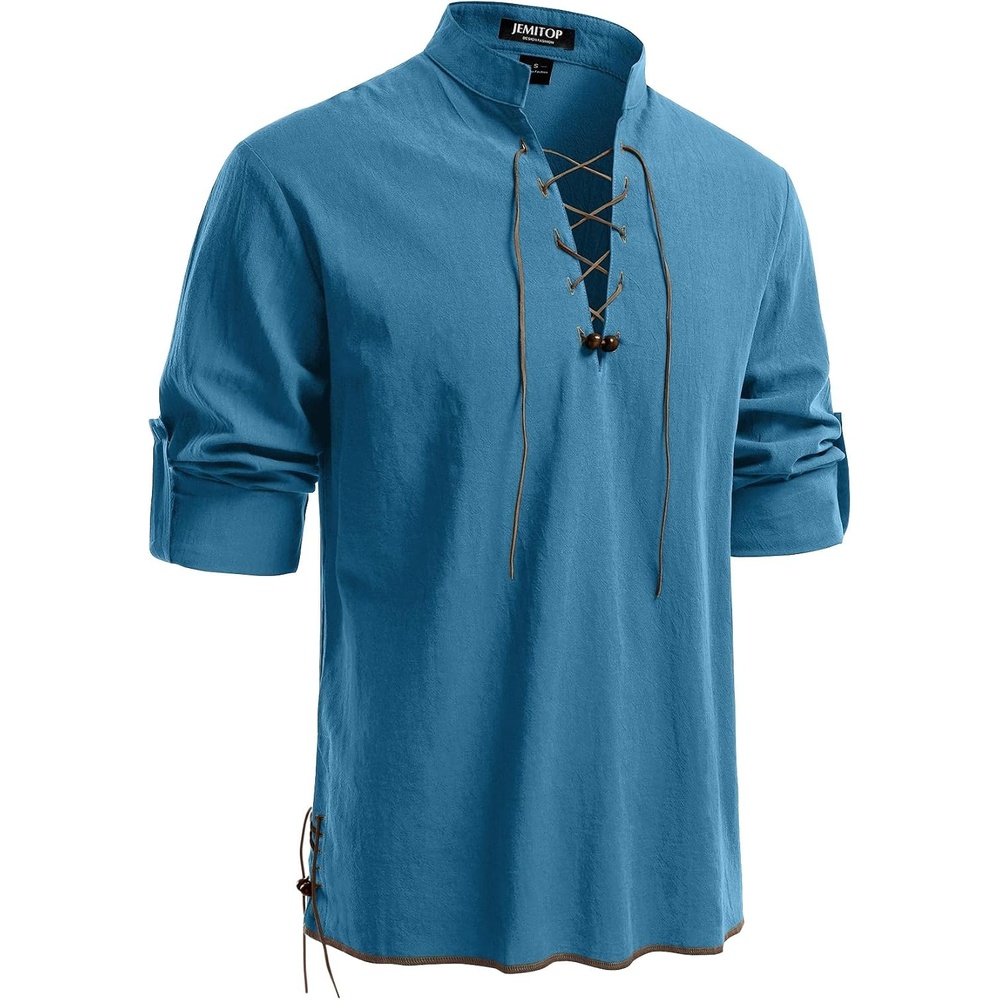 image:imageJEMITOP Mens Pure Cotton Renaissance Lace Up ShirtBlue