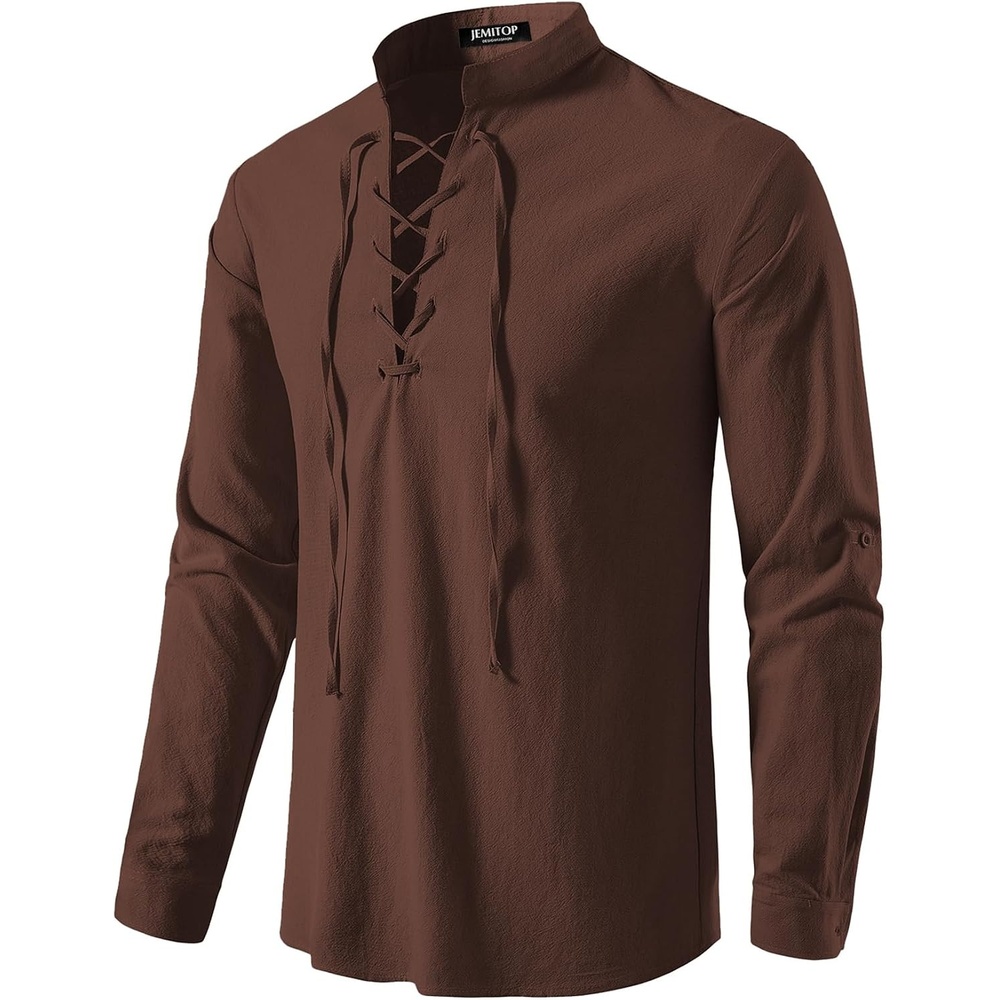 image:imageJEMITOP Mens Pure Cotton Renaissance Lace Up ShirtBrown