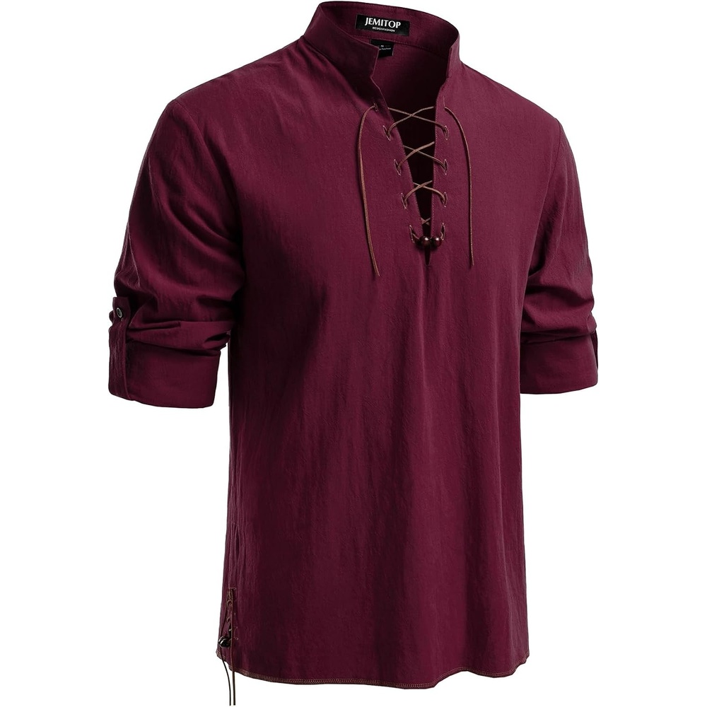 image:imageJEMITOP Mens Pure Cotton Renaissance Lace Up ShirtBurgundy Retro
