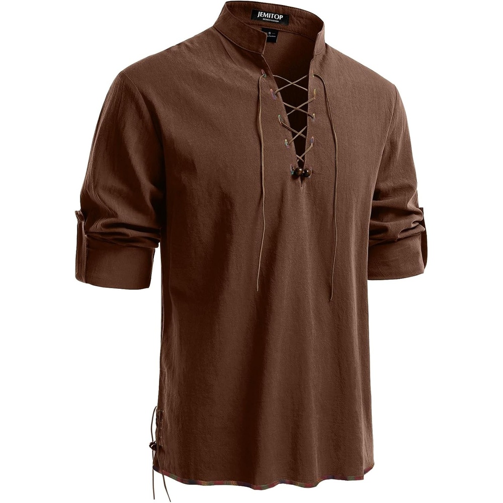 image:imageJEMITOP Mens Pure Cotton Renaissance Lace Up ShirtDark Brown