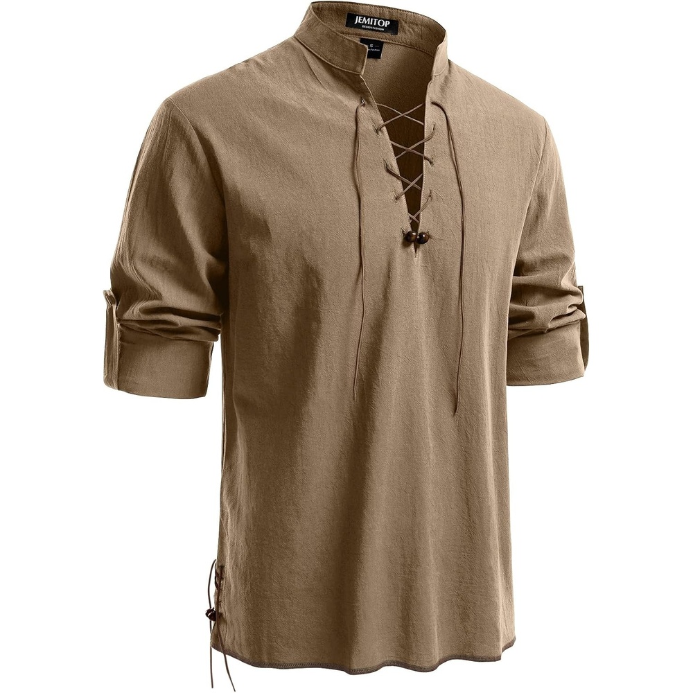 image:imageJEMITOP Mens Pure Cotton Renaissance Lace Up ShirtDark Khaki