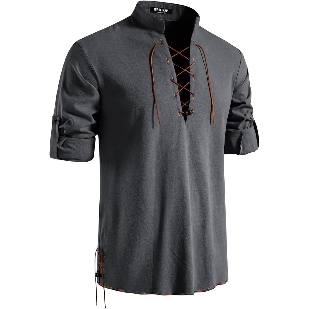 image:imageJEMITOP Mens Pure Cotton Renaissance Lace Up ShirtGreyd