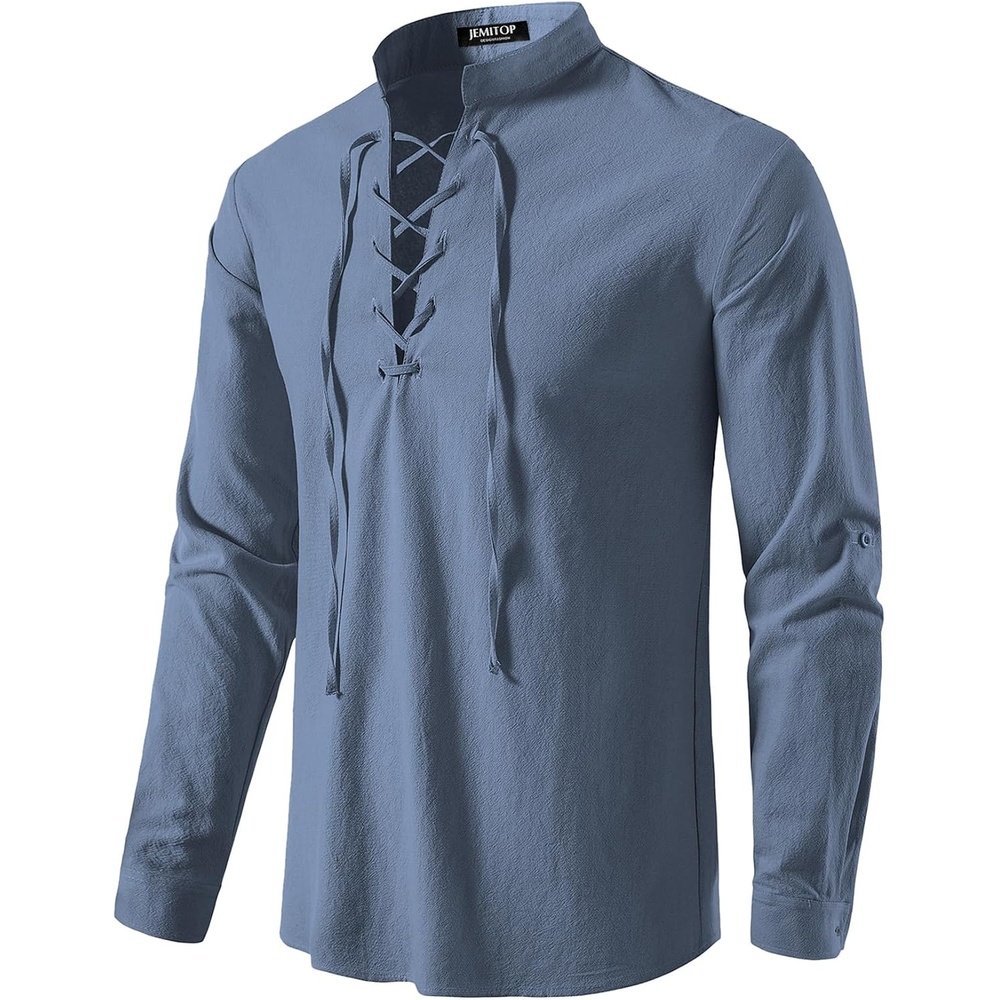 image:imageJEMITOP Mens Pure Cotton Renaissance Lace Up ShirtIndigo Blue