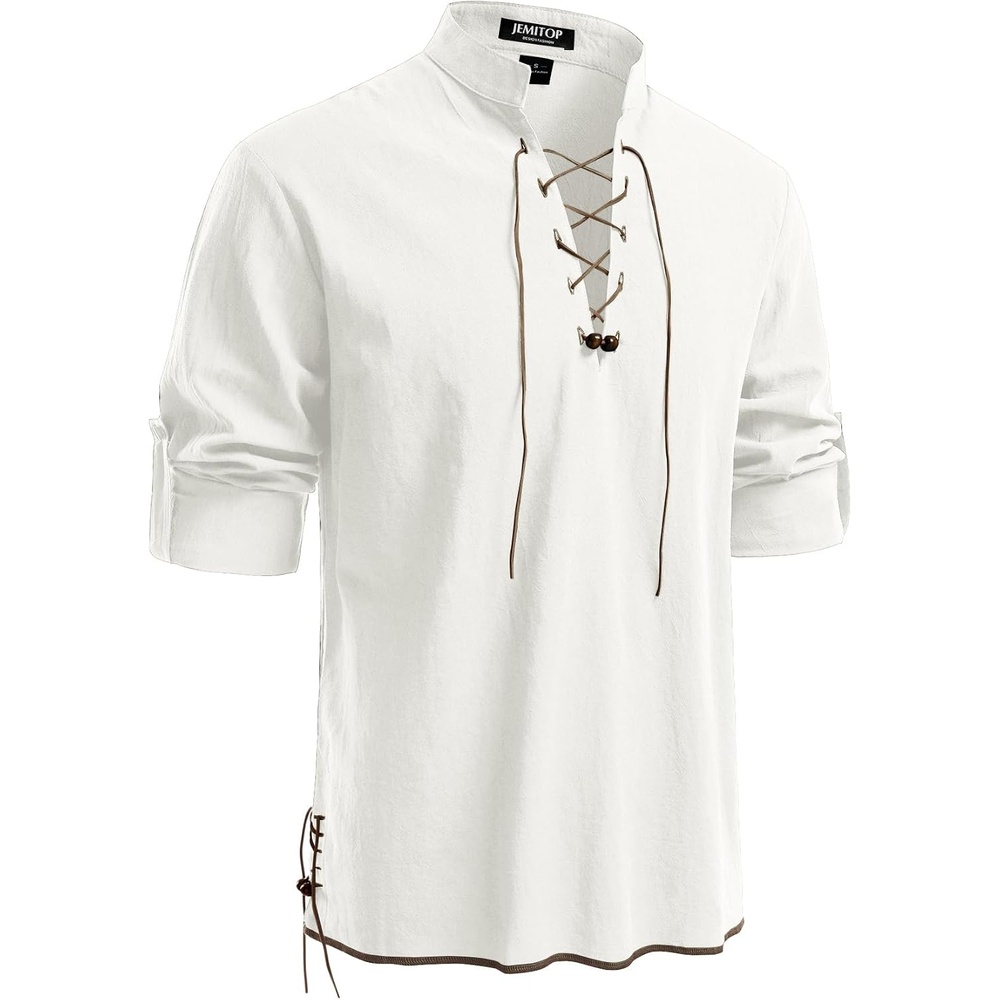 image:imageJEMITOP Mens Pure Cotton Renaissance Lace Up ShirtIvory White