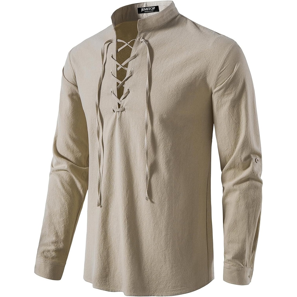 image:imageJEMITOP Mens Pure Cotton Renaissance Lace Up ShirtKhaki