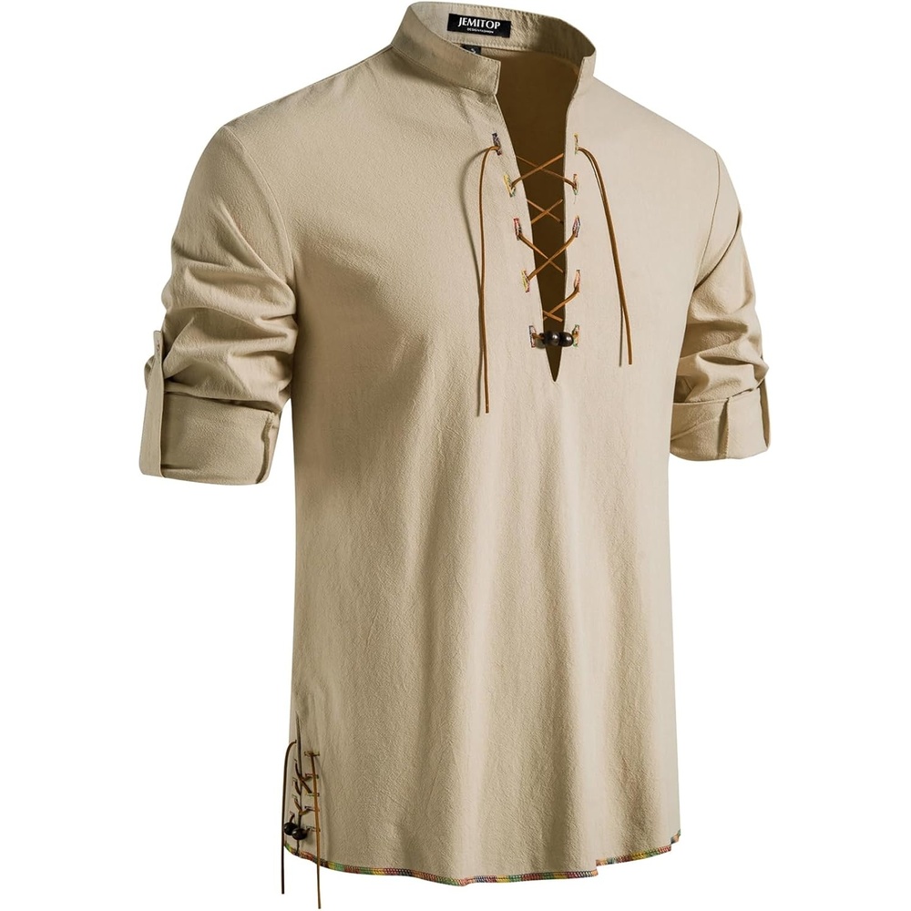 image:imageJEMITOP Mens Pure Cotton Renaissance Lace Up ShirtKhakid