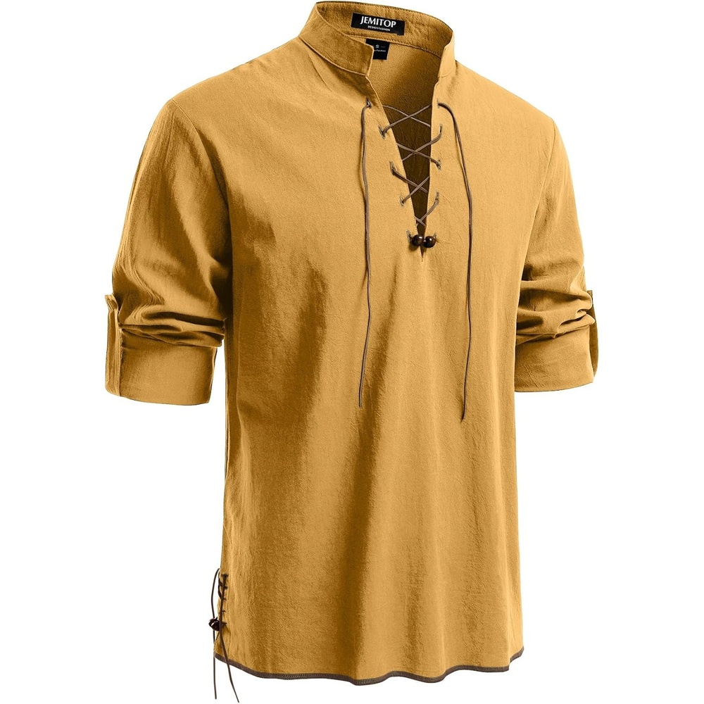 image:imageJEMITOP Mens Pure Cotton Renaissance Lace Up ShirtYellow