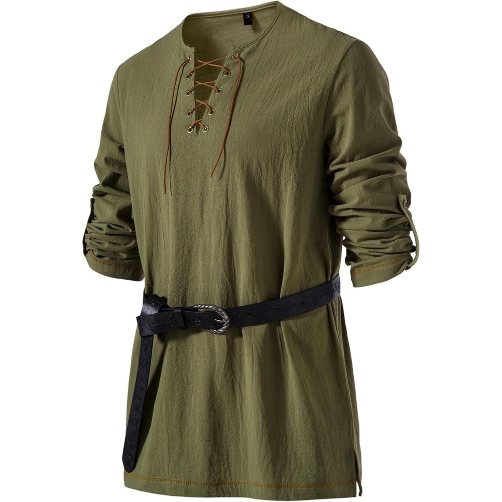 image:imageJEMITOP Mens Pure Cotton Vintage Shirt Renaissance Costume Without BeltArmy Green