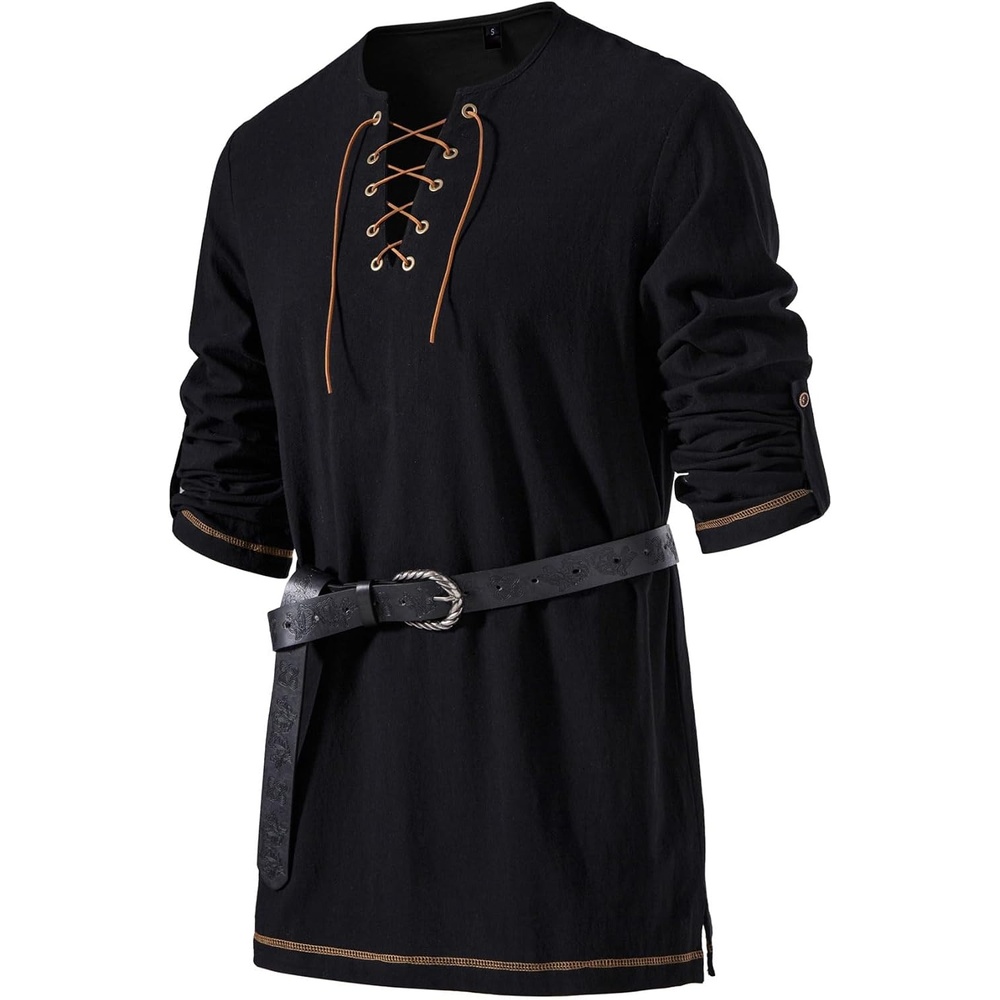 image:imageJEMITOP Mens Pure Cotton Vintage Shirt Renaissance Costume Without BeltBlack