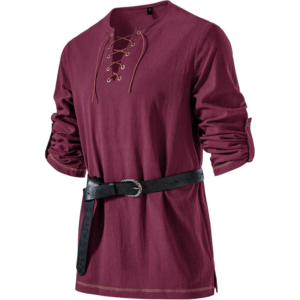 image:imageJEMITOP Mens Pure Cotton Vintage Shirt Renaissance Costume Without BeltBurgundy