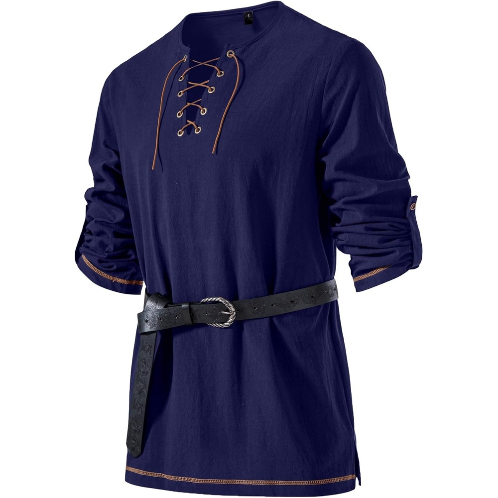image:imageJEMITOP Mens Pure Cotton Vintage Shirt Renaissance Costume Without BeltDark Blue