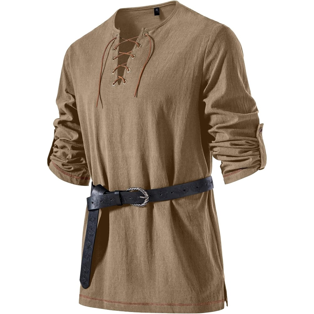image:imageJEMITOP Mens Pure Cotton Vintage Shirt Renaissance Costume Without BeltDark Khaki