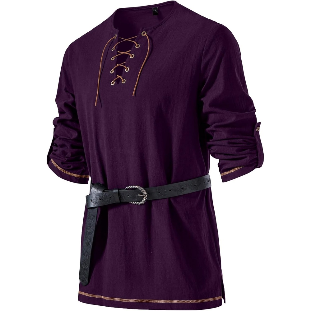 image:imageJEMITOP Mens Pure Cotton Vintage Shirt Renaissance Costume Without BeltPurple