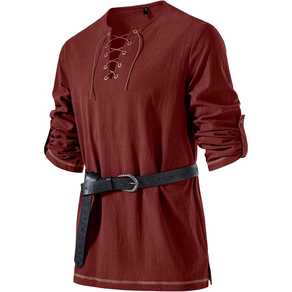 image:imageJEMITOP Mens Pure Cotton Vintage Shirt Renaissance Costume Without BeltRust Red