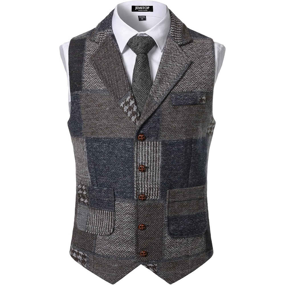 image:imageJEMITOP Mens Vintage Patchwork Casual Suit Vest with PocketsBlue