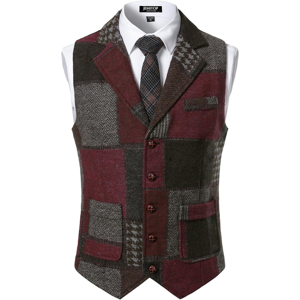 image:imageJEMITOP Mens Vintage Patchwork Casual Suit Vest with PocketsBurgundy