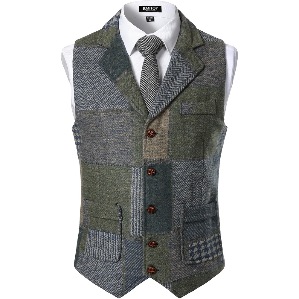 image:imageJEMITOP Mens Vintage Patchwork Casual Suit Vest with PocketsGreen