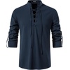 JEMITOP Men’s Pure Cotton Renaissance Lace Up Shirt(Navy Blue)