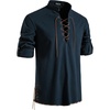 JEMITOP Men’s Pure Cotton Renaissance Lace Up Shirt(Navy Blue-d)