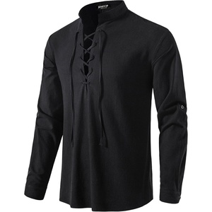 JEMITOP Men’s Pure Cotton Renaissance Lace Up Shirt(Black)