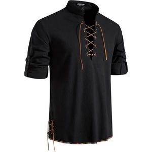 JEMITOP Men’s Pure Cotton Renaissance Lace Up Shirt(Black-d)