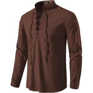 JEMITOP Men’s Pure Cotton Renaissance Lace Up Shirt(Brown)