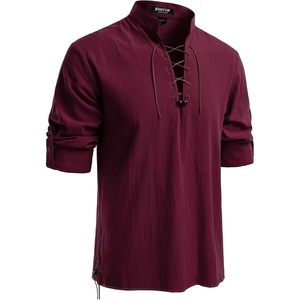 JEMITOP Men’s Pure Cotton Renaissance Lace Up Shirt(Burgundy Retro)
