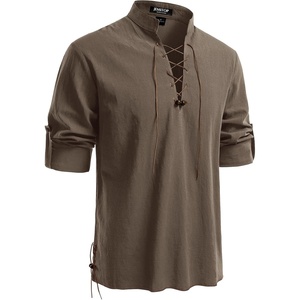 JEMITOP Men’s Pure Cotton Renaissance Lace Up Shirt(Coffee Retro)