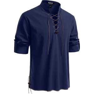 JEMITOP Men’s Pure Cotton Renaissance Lace Up Shirt(Dark Blue)