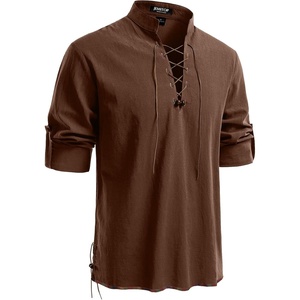 JEMITOP Men’s Pure Cotton Renaissance Lace Up Shirt(Dark Brown)