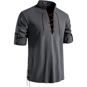 JEMITOP Men’s Pure Cotton Renaissance Lace Up Shirt(Grey-d)