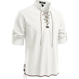 JEMITOP Men’s Pure Cotton Renaissance Lace Up Shirt(Ivory White)