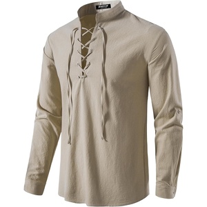 JEMITOP Men’s Pure Cotton Renaissance Lace Up Shirt(Khaki)